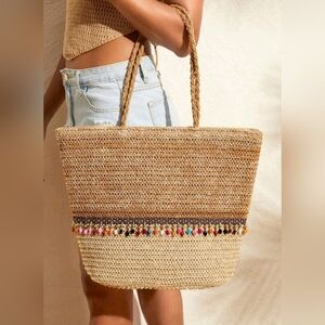 Boho‎ Beaded Straw WovenTote Bag Purse Handcrafted Beach Summer Vibes For Woman